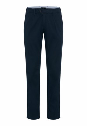 Marineblauwe slim-fit broek met knoop- en ritssluiting, zijzakken aan de voorkant en riemlussen, getoond tegen een witte achtergrond.