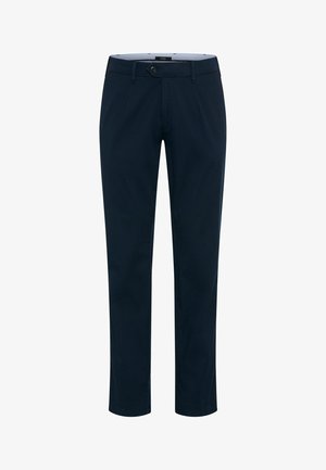 Marineblauwe slim-fit broek met knoop- en ritssluiting, zijzakken aan de voorkant en riemlussen, getoond tegen een witte achtergrond.