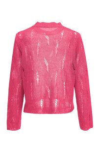 Cardigan rosa lavorato a maglia con maniche lunghe, a tessitura aperta e con motivi di buchi sfilacciati. Presenta un colletto a costine e una silhouette cropped.