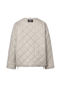 Hellbeige gesteppte Jacke mit quadratischem Muster, Etikett auf der Rückseite und lässiger Passform. Verfügt über elastische Bündchen und Zuglaschen am Saum.