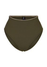 Höga bikiniunderdelar i olivgrön färg. Tillverkad av ett slätt tyg med en subtil glans. Har ett kontrasterande ljust midjeband och minimal sömnad.