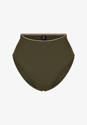 High-waisted bikini onderbroek in olijfgroen. Gemaakt van een gladde stof met een subtiele glans. Voorzien van een contrasterende lichte tailleband en minimale naden.