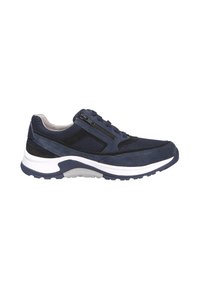 Sneakers atletici blu navy con una combinazione di materiali in suede e rete, dotati di una cerniera laterale, suola intermedia bianca e dettagli neri.