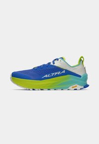 Baskets de course bleu et vert avec une tige en mesh, une semelle texturée et un marquage "ALTRA" bien visible. Comprend une semelle extérieure Vibram et un talon rembourré.