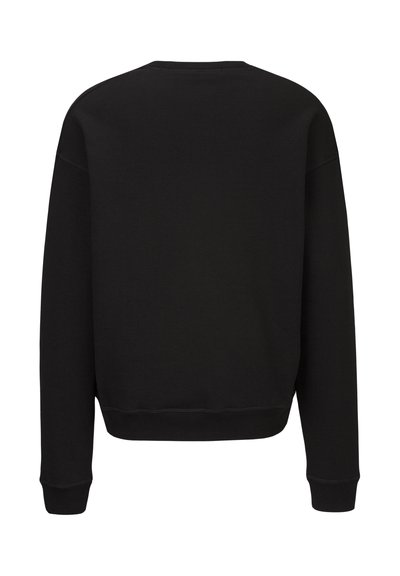 Black sweatshirt with a crew neckline, long sleeves, and ribbed cuffs. Smooth fabric texture, featuring no visible patterns or embellishments.