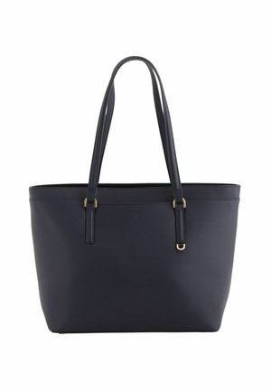 Sac cabas en cuir bleu marine avec double bandoulière et ferrures dorées sur fond blanc uni.