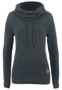 Maglione a maglia grigio scuro con colletto a cowl, polsini e orlo a coste. Presenta dei lacci e una toppa rotonda con logo sul lato inferiore.