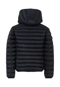 Giubbotto a vento nero con motivo trapuntato orizzontale, cappuccio, polsini elastici e orlo con zip. Realizzato in materiale liscio e lucido.
