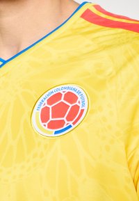Camisola de futebol amarela com emblema da Federação Colombiana de Futebol apresentando uma bola de futebol vermelha, acabamentos em azul e amarelo, e riscas vermelhas nos ombros.