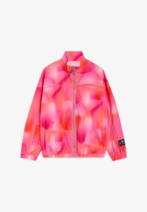 Giacca bomber rosa con motivo floreale che presenta tonalità di rosa chiaro e scuro. Il materiale appare liscio, con colletto a listino rialzato e polsini elasticizzati.