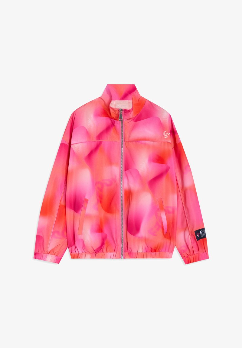 Blouson aviateur rose avec un motif floral aux nuances de rose clair et foncé. Le matériau semble lisse, avec un col montant et des poignets élastiques.