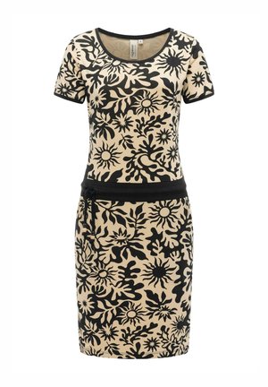 Abito beige a maniche corte con motivi astratti neri di sole e foglie, cintura nera con coulisse e scollatura rotonda.