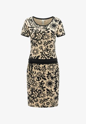 Beige kortærmet kjole med sorte abstrakte mønstre af sol og blade, sort taljebånd med snøre og rund halsudskæring.