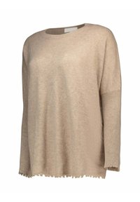 Maglione beige a maniche lunghe in maglia con maniche a coste e bordi sfrangiati ai polsini e all'orlo.