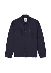 Marineblauwe knoopshirt van lichtgewicht stof. Het heeft een puntige kraag, twee borstzakken en lange mouwen met knoopmanchetten.