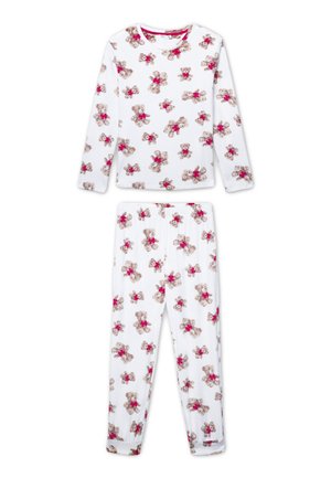 Set di pigiama bianco composto da una maglietta a maniche lunghe e pantaloni, decorato con motivi di orsetti di peluche e fiocchi rosa. Tessuto morbido con una vestibilità comoda.