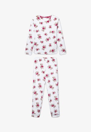 Set di pigiama bianco composto da una maglietta a maniche lunghe e pantaloni, decorato con motivi di orsetti di peluche e fiocchi rosa. Tessuto morbido con una vestibilità comoda.