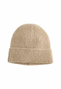 Beige gestrickte Mütze mit einem gerippten Muster, ausgestattet mit einem umgeschlagenen Rand und einem runden Oberteil. Hergestellt aus einem weichen, warmen Material.