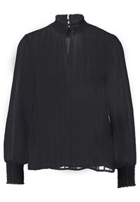 Black long-sleeve blouse with high smocked collar, textured sheer fabric, and gathered smocking at the sleeves' ends.