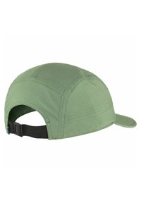 Green cap with a curved brim, made of lightweight fabric. Features stitched panels and an adjustable black strap at the back.