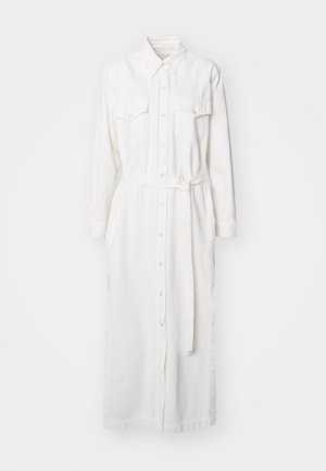 White long-sleeve shirt dress made of cotton with a collar, two chest pockets, and a tie belt, featuring a button-down front and straight silhouette.