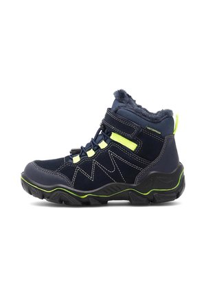 Dark blue waterproof hiking boot with neon accents, black rugged sole, Velcro strap, and fleece lining for warmth, side view.