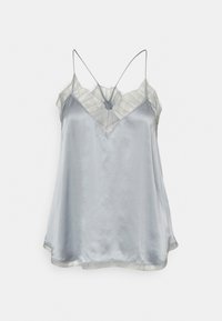 Ljusblå satinlinne med genomskinliga rutig detaljer, v-ringning, justerbara band och en mjuk textur. Kjolen är avslutad med en subtil lyster.