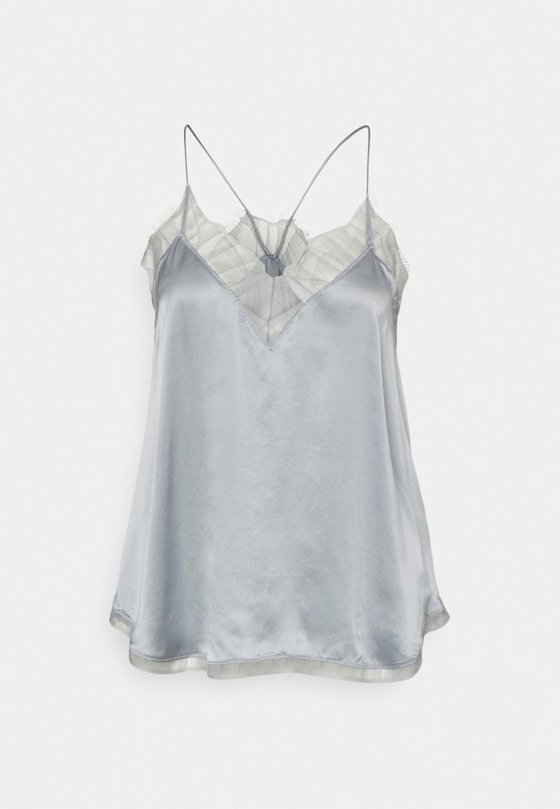 Ljusblå satinlinne med genomskinliga rutig detaljer, v-ringning, justerbara band och en mjuk textur. Kjolen är avslutad med en subtil lyster.