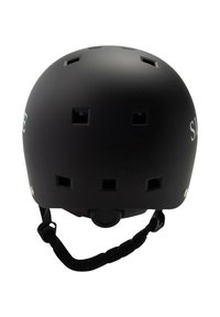 Sort mat hjelm med ventilationshuller, justerbar hagerem og sidebranding. Glat overflade og rund form for sikkerhed.