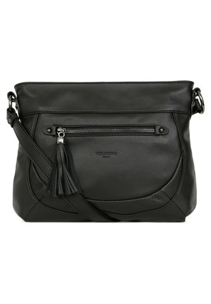 Black leather shoulder bag with a zippered front pocket, a tassel accent, and adjustable strap featuring curved seams and a smooth texture.