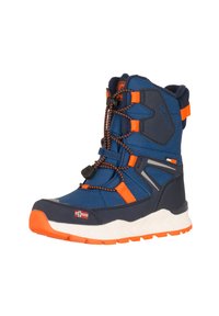 Navyblaue Kinderstiefel mit orangen Akzenten, strukturiertem Obermaterial, elastischen Schnürsenkeln und einer weißen Laufsohle mit Profil. Mit einem Flaggen-Detail.