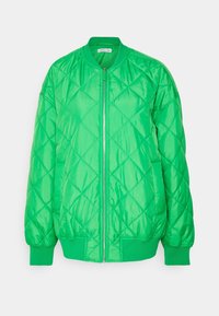 Gequilted bomberjack in felgroen. Heeft een gladde, glanzende afwerking met geribbelde manchetten en zoom, met een ritssluiting aan de voorkant.