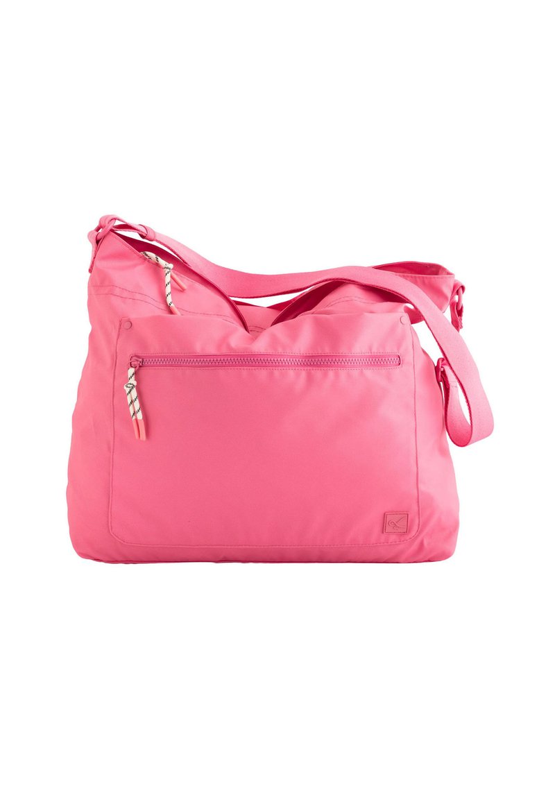 Pink nylon shoulder bag with a zippered front pocket, adjustable strap, and a smooth texture. Features a small logo patch on the side.
