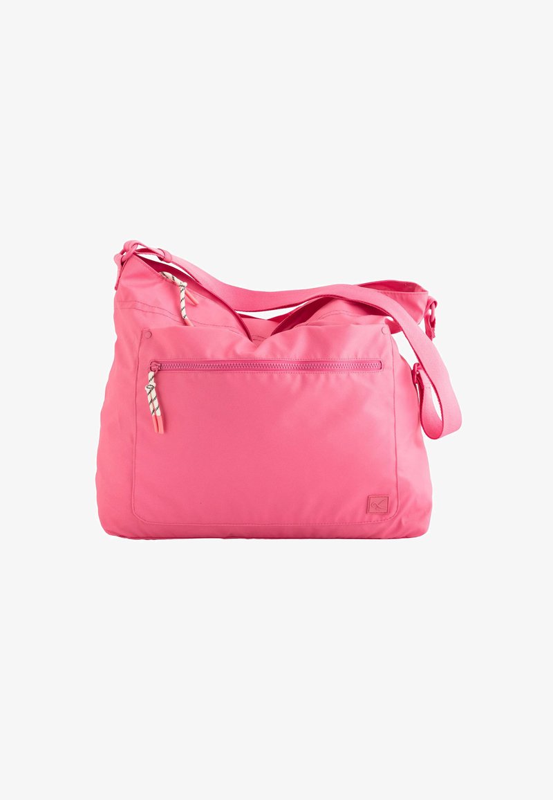 Sac à épaule en nylon rose avec une poche frontale zippée, une bandoulière réglable et une texture lisse. Présente un petit patch logo sur le côté.