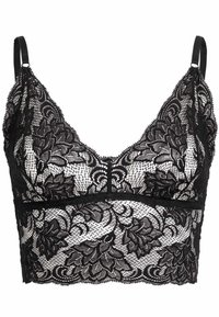 Zwarte kanten bralette met bloemmotieven, verstelbare bandjes en een gestructureerde afwerking. Heeft een onderbustband voor ondersteuning en stijl.