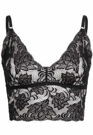 Zwarte kanten bralette met bloemmotieven, verstelbare bandjes en een gestructureerde afwerking. Heeft een onderbustband voor ondersteuning en stijl.