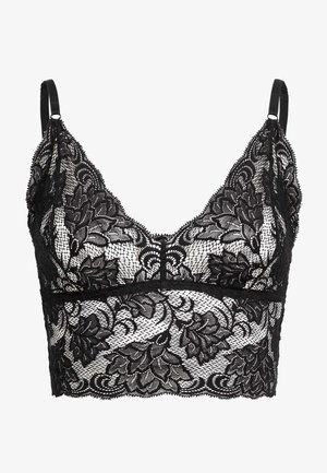 Brassière en dentelle noire avec des motifs floraux, bretelles réglables et finition texturée. Elle comprend une bande sous la poitrine pour le soutien et le style.