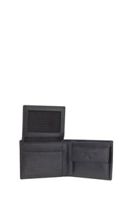Črni usnjeni denarnica z zložitvenim dizajnom, vsebuje mrežasti predal za osebno izkaznico, več rež za kartice, reliefni logotip in gladko teksturo z vidnim šivanjem.