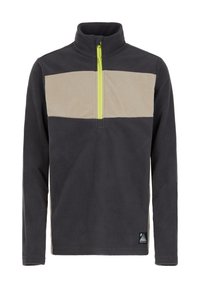 Fleece-Pullover mit halbem Reißverschluss; dunkelgrauer Körper, gerippte beige Brustpartie und neongelber Reißverschluss. Mit Logopatch an der unteren Seite.