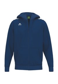 Marineblauwe hoodie met ritssluiting en capuchon, gemaakt van gladde stof, met witte accenten op de schouders en het voorste logo, en met zakken aan de voorkant.