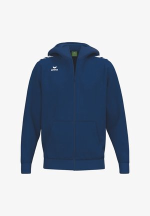 Marineblauer Kapuzenpullover mit Reißverschluss und Kapuze, aus glattem Stoff, mit weißen Akzenten auf den Schultern und am vorderen Logo, sowie mit Fronttaschen.