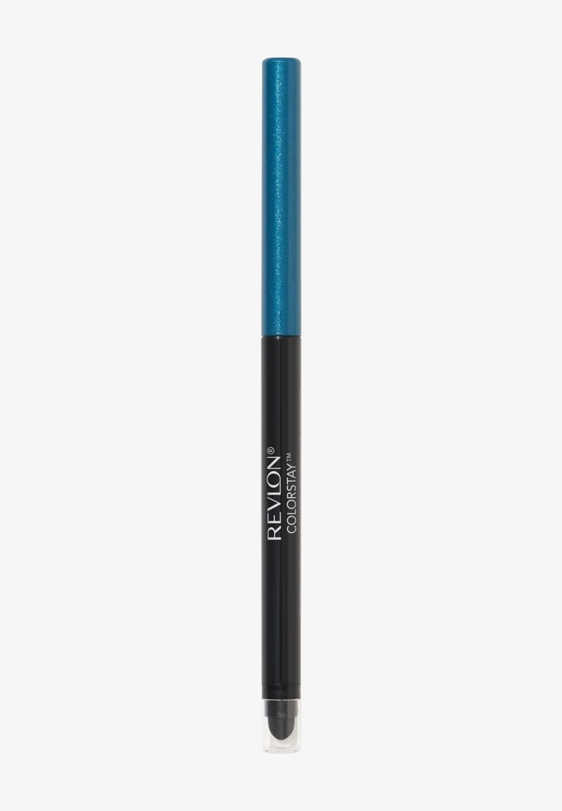 Revlon ColorStay sort eyeliner blyant med skinnende blå hætte og indbygget svampapplikator på hvid baggrund.