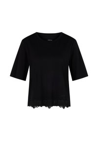 Black short-sleeve top with a round neckline and lace trim at the hem. Made of soft fabric with a smooth texture. Minimal detailing.