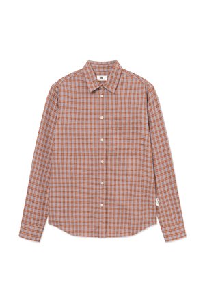 Cămașă cu mâneci lungi, cu nasturi, model în carouri portocalii și bej, guler ascuțit și buzunar mic pe piept pe partea stângă.