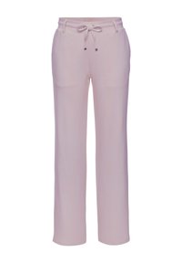 Svetlofialové nohavice vyrobené z mäkkej látky, s pohodlným elastickým pásom so šnúrkou a dvoma bočnými vreckami.