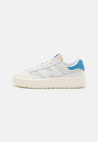 Białe skórzane sneakersy z jasnoniebieskimi i żółtymi akcentami, teksturowane boki z siateczki, płaskie sznurowadła oraz gruba gumowa podeszwa z pionowymi rowkami.