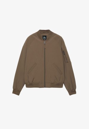 Hnedá bomber bunda so zipsom vpredu, dvoma bočnými vreckami, rebrovaným golierom, manžetami, lemom a vreckom so zipsom na ľavom rukáve.