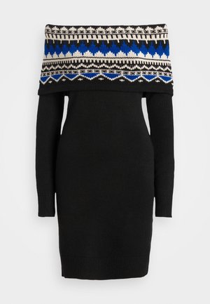 Zwarte tricot off-shoulder jurk met lange mouwen en een brede, zwart-wit-blauw-beige patroonige kraag met een geometrisch ontwerp.