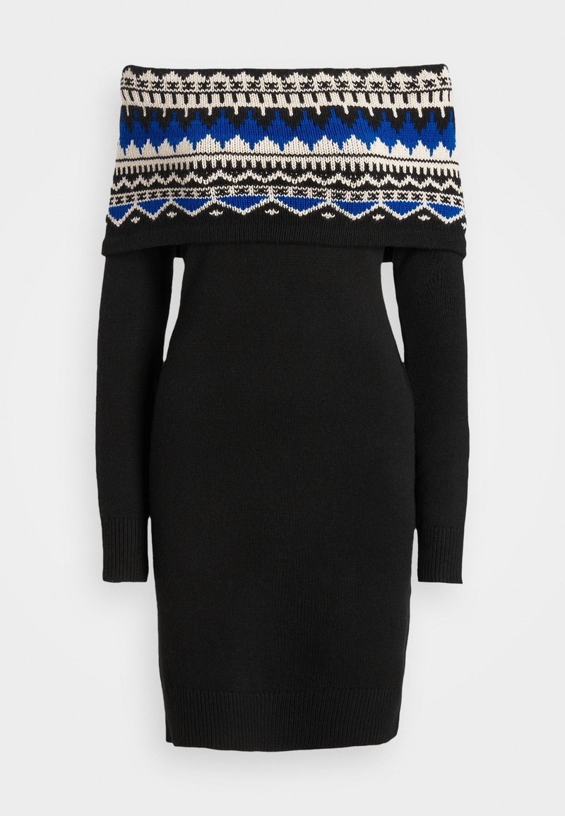 Robe noire en maille à épaules dénudées avec manches longues et large col à motifs géométriques en noir, blanc, bleu et beige.