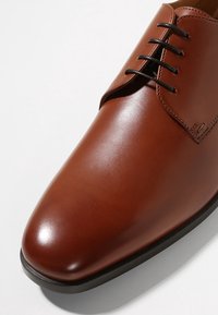 Chaussure en cuir marron avec une texture lisse, bout pointu, et lacets noirs. Présente un design élégant et des détails de couture minimalistes.